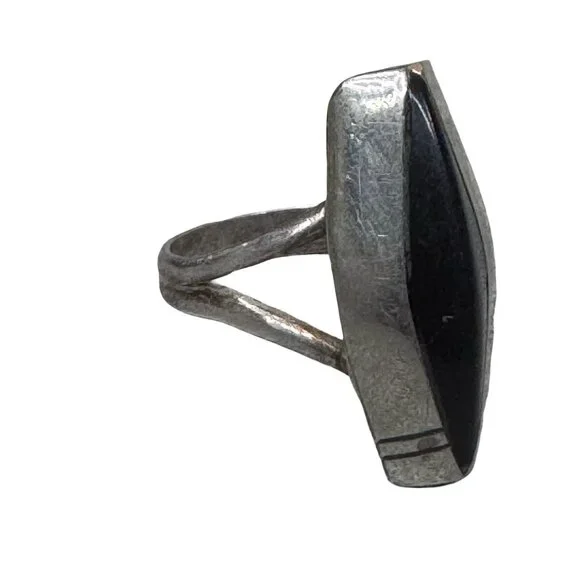 Vintage Modernist MCM Sterling Silver Ring Black Onyx Marquise Cut Stone Size 8 - Picture 10 of 10